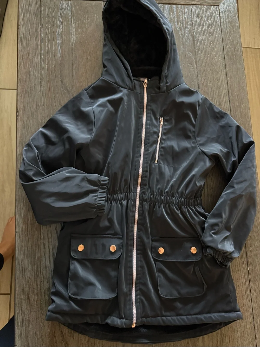 Girls Black Hooded Coat with Rose Gold Zipper - Size 12